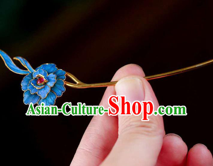Chinese Traditional Qing Dynasty Tourmaline Hair Jewelry Handmade Ancient Empress Blue Peony Hairpin