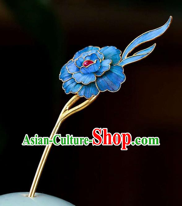 Chinese Traditional Qing Dynasty Tourmaline Hair Jewelry Handmade Ancient Empress Blue Peony Hairpin