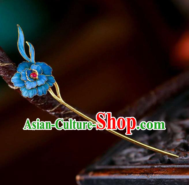 Chinese Traditional Qing Dynasty Tourmaline Hair Jewelry Handmade Ancient Empress Blue Peony Hairpin