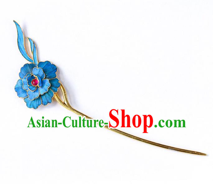 Chinese Traditional Qing Dynasty Tourmaline Hair Jewelry Handmade Ancient Empress Blue Peony Hairpin