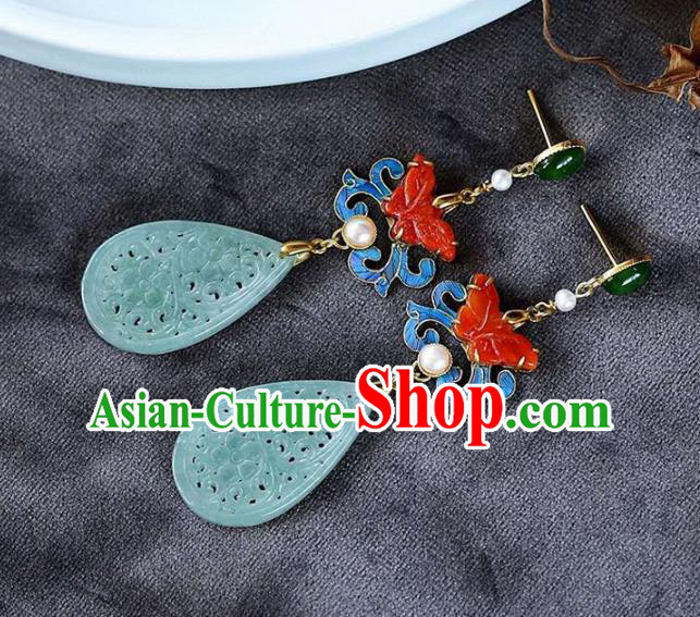Handmade China Red Butterfly Ear Jewelry Accessories Traditional Cheongsam Jade Carving Earrings