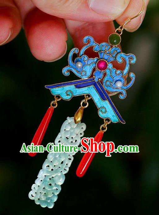 Handmade China Pearls Accessories Traditional Cheongsam Jade Eardrop Blueing Bat Earrings Jewelry