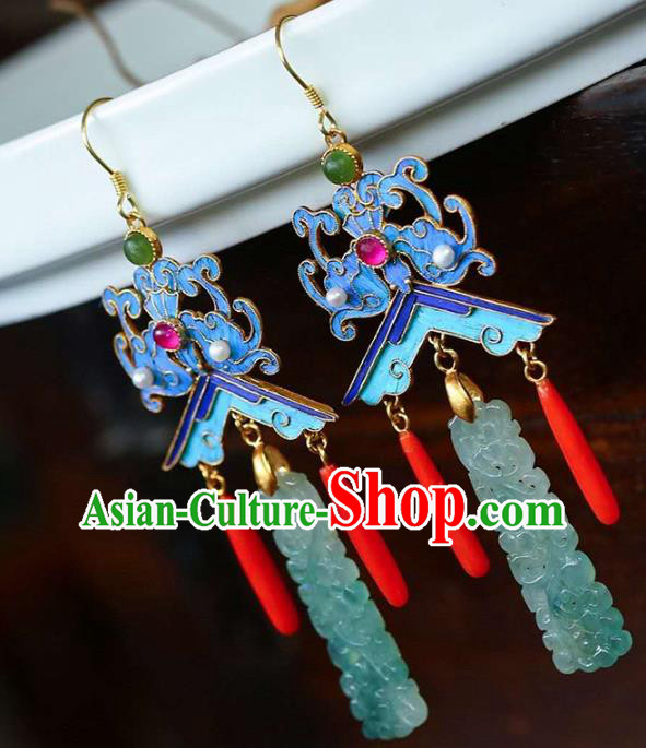 Handmade China Pearls Accessories Traditional Cheongsam Jade Eardrop Blueing Bat Earrings Jewelry