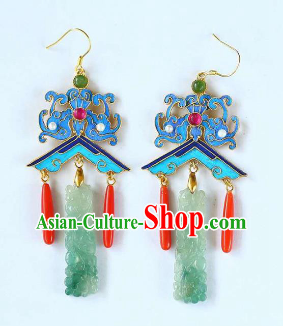 Handmade China Pearls Accessories Traditional Cheongsam Jade Eardrop Blueing Bat Earrings Jewelry