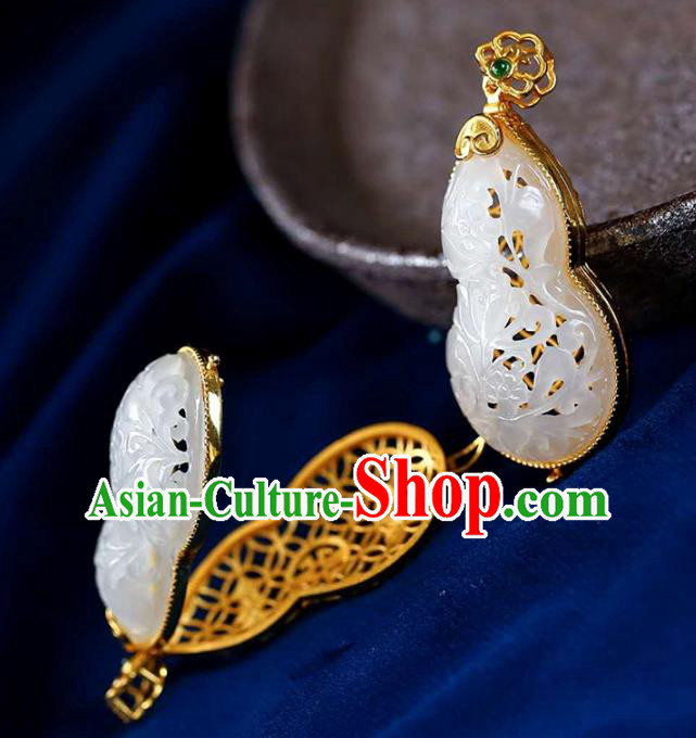Chinese National Classical Golden Gourd Necklace Accessories Handmade Jade Carving Necklet Pendant
