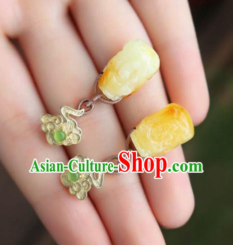 Handmade China Cheongsam Golden Cloud Earrings Traditional National Jewelry Accessories Beeswax Carving Eardrop