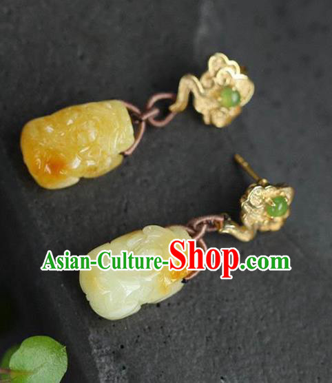 Handmade China Cheongsam Golden Cloud Earrings Traditional National Jewelry Accessories Beeswax Carving Eardrop