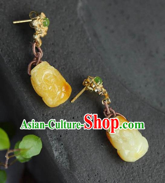 Handmade China Cheongsam Golden Cloud Earrings Traditional National Jewelry Accessories Beeswax Carving Eardrop