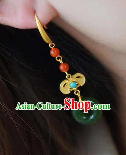 Handmade China Golden Bat Eardrop Traditional Cheongsam Jade Earrings National Jewelry Accessories