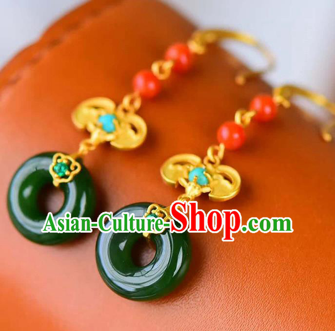 Handmade China Golden Bat Eardrop Traditional Cheongsam Jade Earrings National Jewelry Accessories
