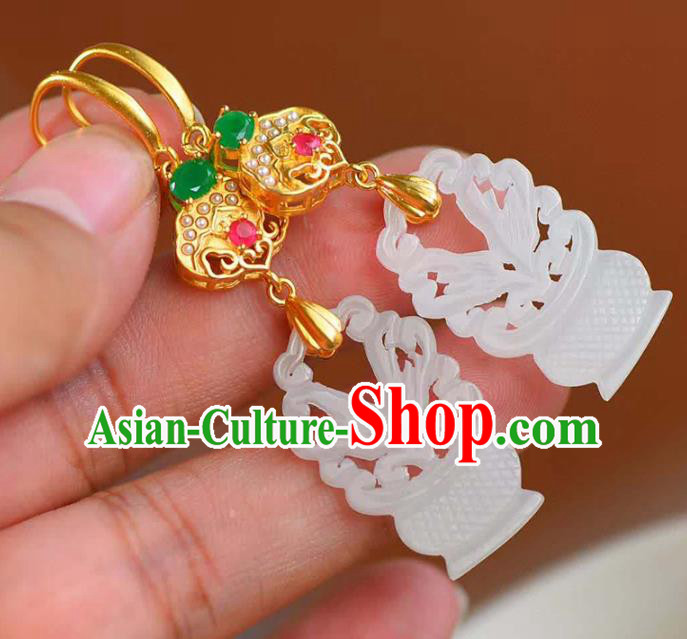 Handmade China Hetian Jade Eardrop National Jewelry Accessories Traditional Cheongsam Earrings