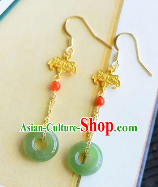 Handmade China Golden Eardrop National Jewelry Accessories Traditional Cheongsam Jade Peace Buckle Earrings