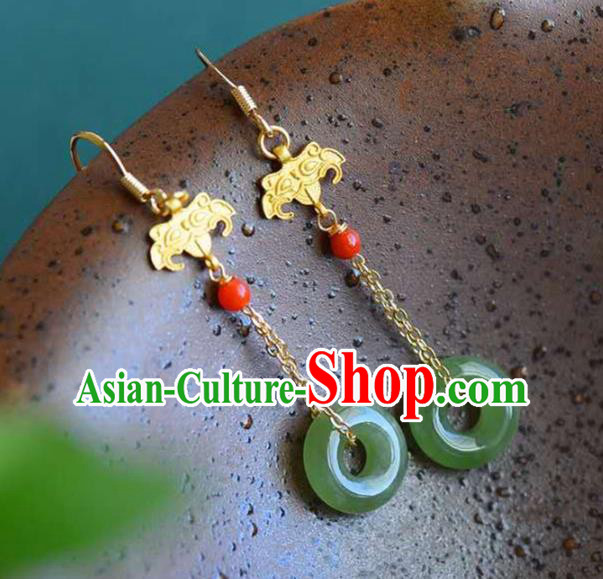 Handmade China Golden Eardrop National Jewelry Accessories Traditional Cheongsam Jade Peace Buckle Earrings