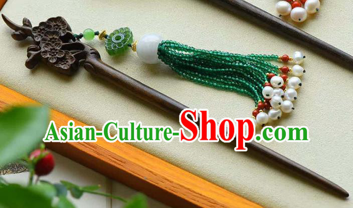 Chinese Traditional Green Beads Tassel Hairpin Handmade Ebony Carving Plum Hair Accessories