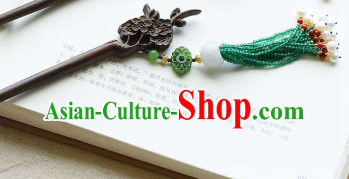 Chinese Traditional Green Beads Tassel Hairpin Handmade Ebony Carving Plum Hair Accessories