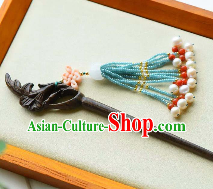 Chinese Traditional Green Beads Tassel Hairpin Handmade Ebony Carving Plum Hair Accessories