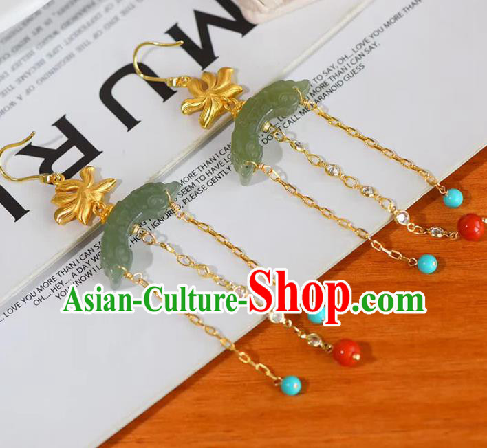 Handmade China Golden Lotus Eardrop National Jewelry Accessories Traditional Cheongsam Jade Moon Earrings