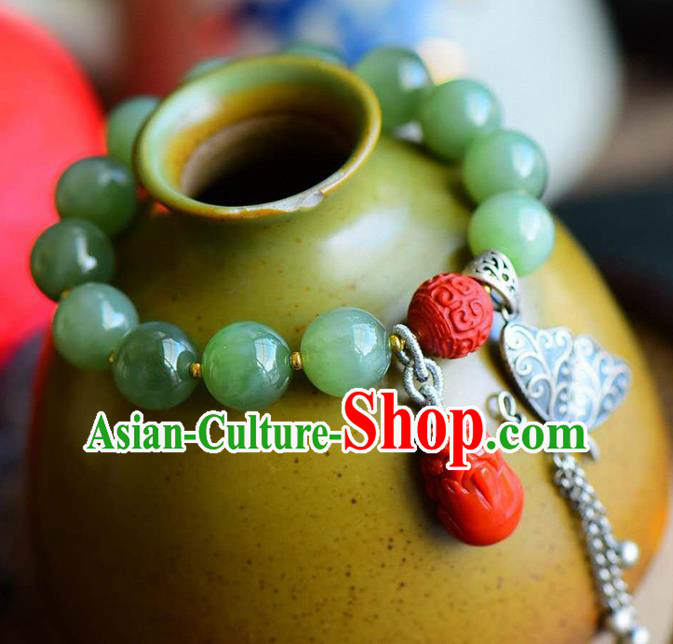 China Handmade Jade Beads Bracelet Traditional Jewelry Accessories National Silver Butterfly Tassel Bangle