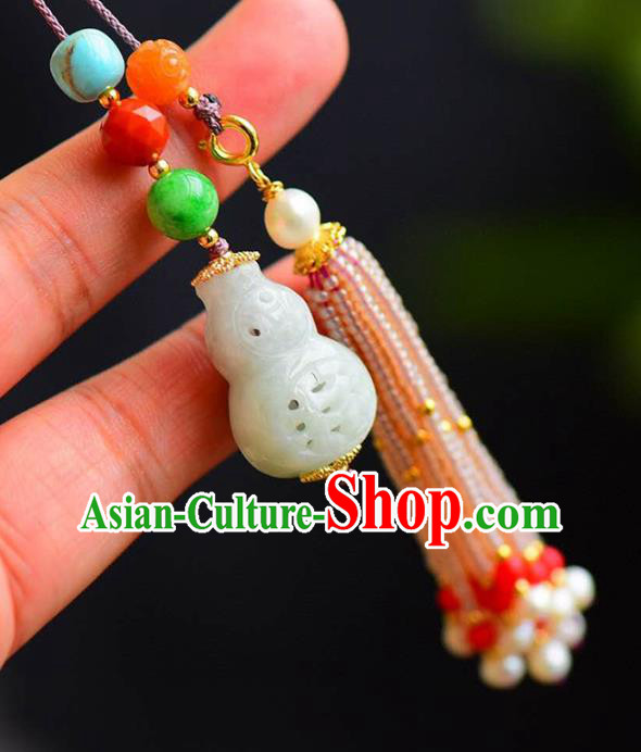 Chinese National Classical Jade Carving Gourd Necklace Accessories Handmade Pearls Tassel Necklet Pendant