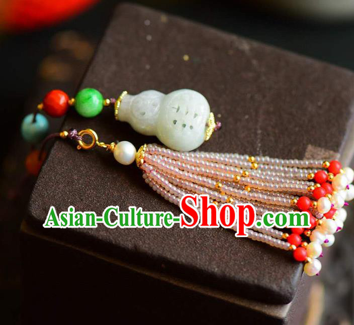 Chinese National Classical Jade Carving Gourd Necklace Accessories Handmade Pearls Tassel Necklet Pendant