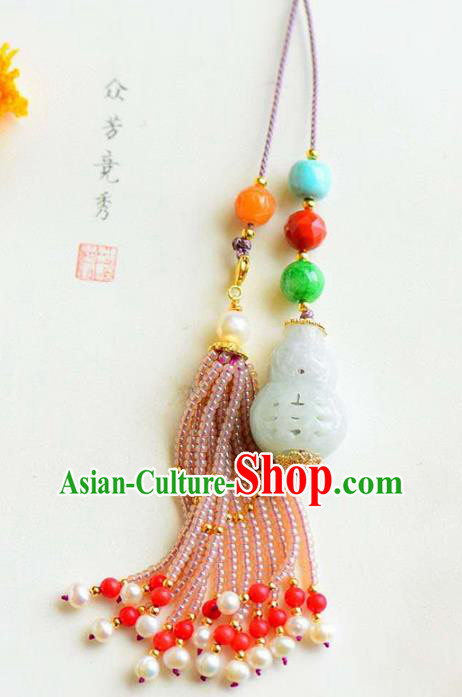 Chinese National Classical Jade Carving Gourd Necklace Accessories Handmade Pearls Tassel Necklet Pendant