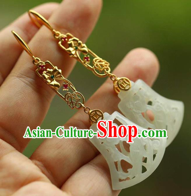 Handmade China Jade Carving Bird Eardrop National Jewelry Accessories Traditional Cheongsam Golden Earrings