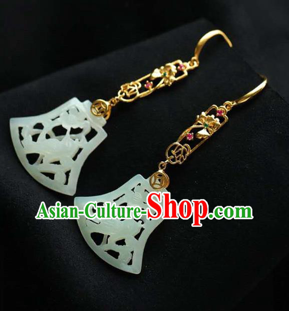 Handmade China Jade Carving Bird Eardrop National Jewelry Accessories Traditional Cheongsam Golden Earrings