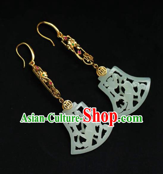 Handmade China Jade Carving Bird Eardrop National Jewelry Accessories Traditional Cheongsam Golden Earrings