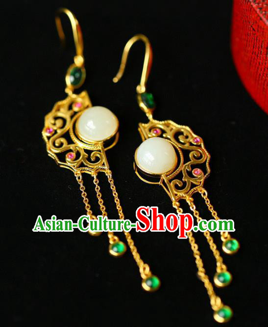 Handmade China National Jewelry Accessories Traditional Cheongsam Jade Earrings Chrysoprase Tassel Eardrop