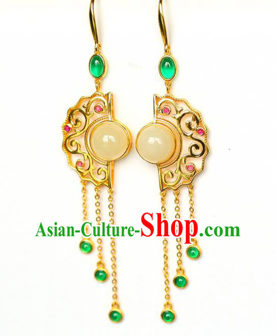 Handmade China National Jewelry Accessories Traditional Cheongsam Jade Earrings Chrysoprase Tassel Eardrop