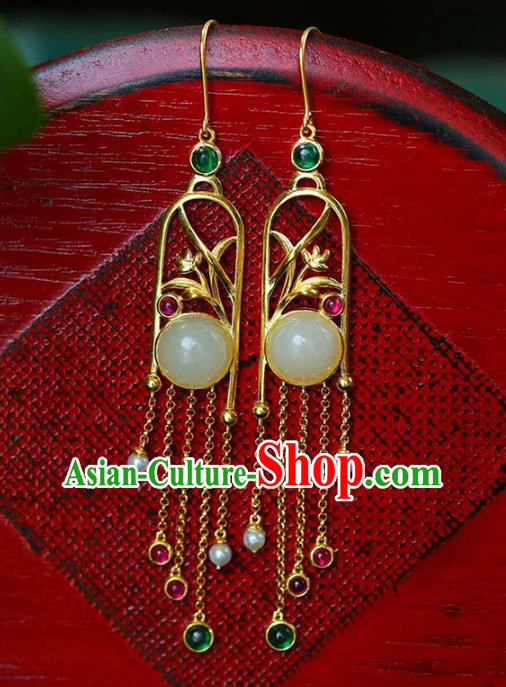Handmade China Traditional Cheongsam Gems Tassel Earrings National Jewelry Accessories Golden Orchids Eardrop