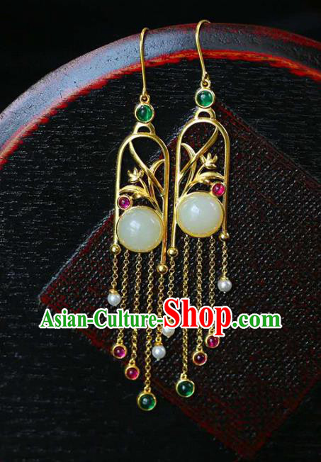 Handmade China Traditional Cheongsam Gems Tassel Earrings National Jewelry Accessories Golden Orchids Eardrop