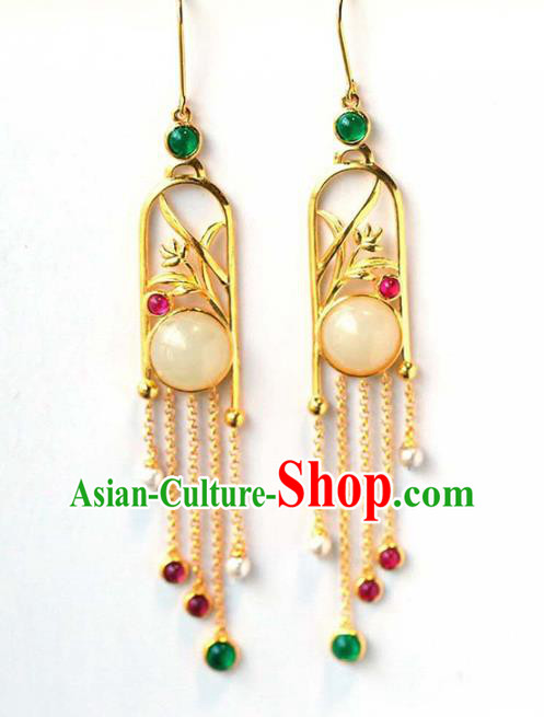 Handmade China Traditional Cheongsam Gems Tassel Earrings National Jewelry Accessories Golden Orchids Eardrop