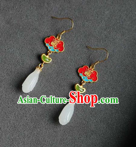 Handmade China National Cheongsam Enamel Red Earrings Traditional Jewelry Accessories Jade Mangnolia Eardrop