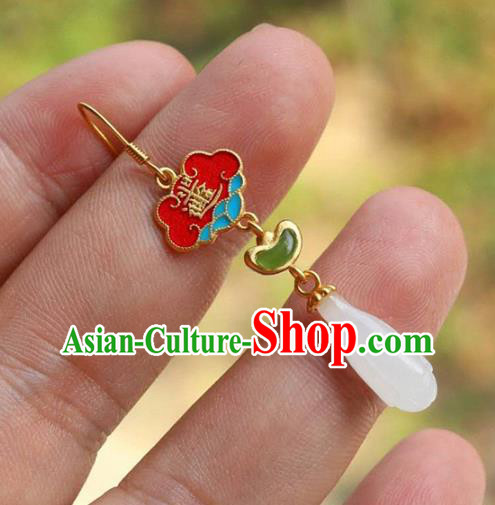 Handmade China National Cheongsam Enamel Red Earrings Traditional Jewelry Accessories Jade Mangnolia Eardrop