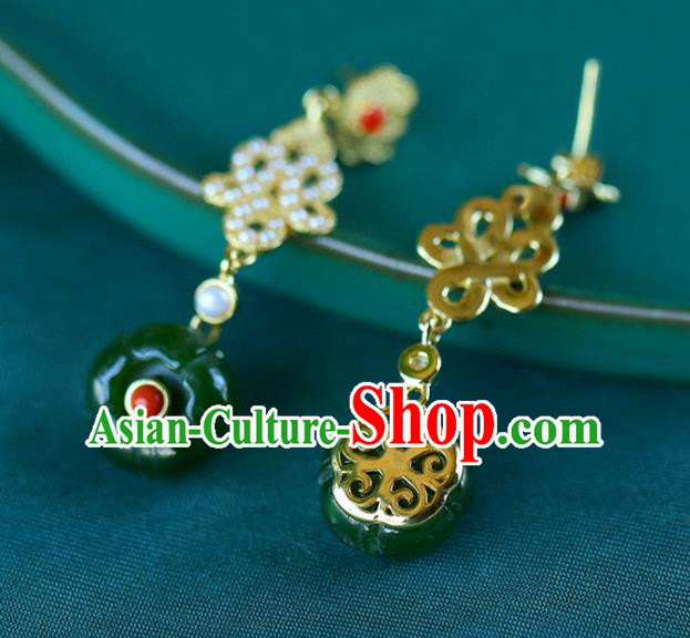 Handmade China National Cheongsam Earrings Traditional Jewelry Accessories Jade Flower Eardrop