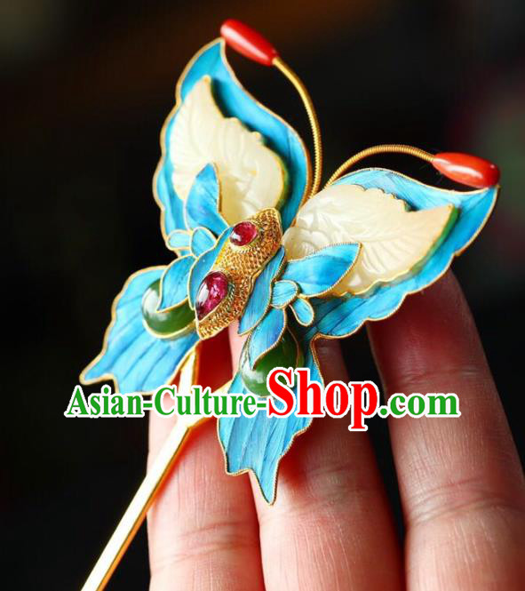 Chinese Traditional Jade Butterfly Hairpin Handmade Ancient Qing Dynasty Court Hair Accessories
