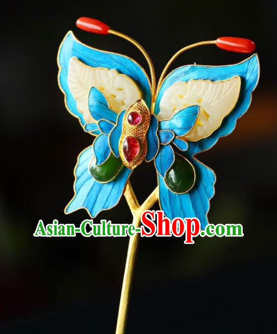Chinese Traditional Jade Butterfly Hairpin Handmade Ancient Qing Dynasty Court Hair Accessories