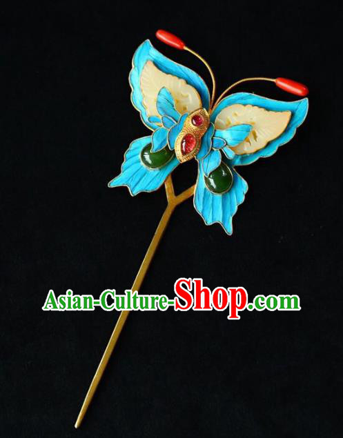 Chinese Traditional Jade Butterfly Hairpin Handmade Ancient Qing Dynasty Court Hair Accessories
