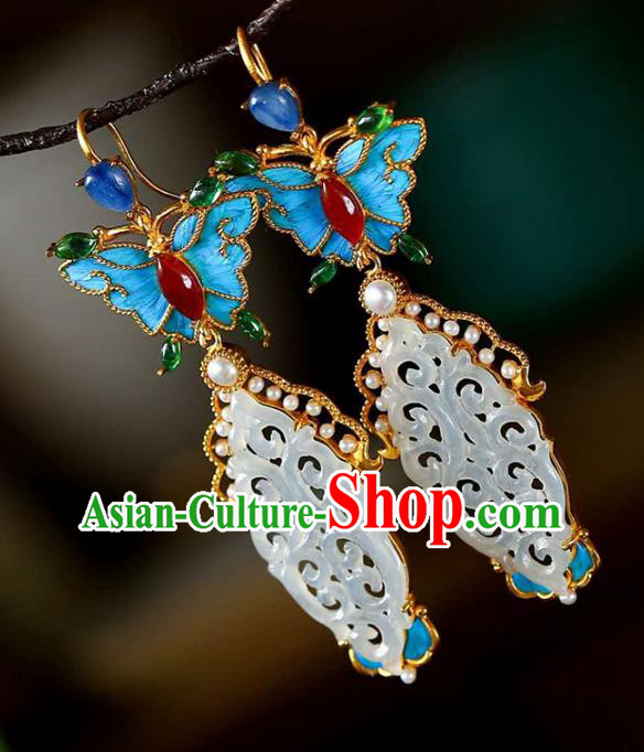Handmade China Traditional Jewelry Cheongsam Agate Butterfly Earrings Jade Eardrop Accessories