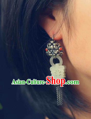 Handmade China Traditional Jade Jewelry Eardrop Accessories National Cheongsam Silver Tassel Earrings