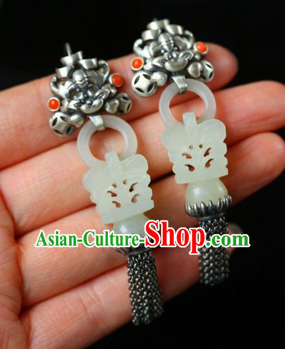 Handmade China Traditional Jade Jewelry Eardrop Accessories National Cheongsam Silver Tassel Earrings