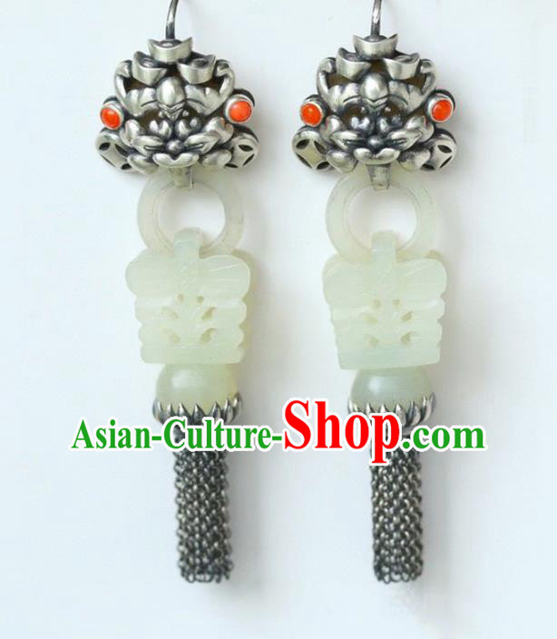 Handmade China Traditional Jade Jewelry Eardrop Accessories National Cheongsam Silver Tassel Earrings