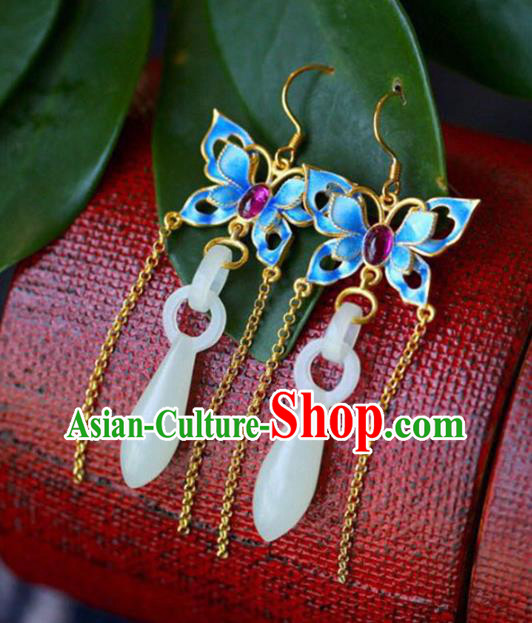 Handmade China Blueing Butterfly Eardrop Accessories Traditional Jewelry National Cheongsam Jade Vase Earrings