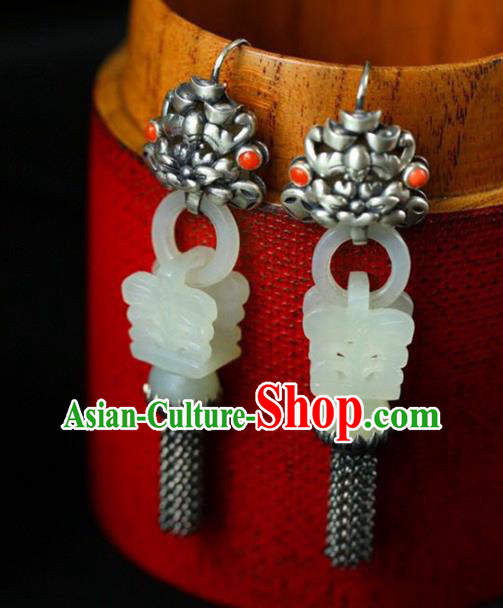 Handmade China Traditional Jade Jewelry Eardrop Accessories National Cheongsam Silver Tassel Earrings