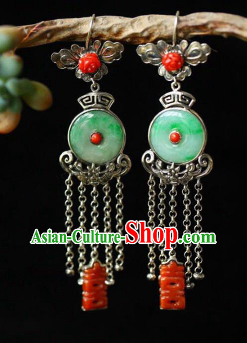 Handmade China Wedding Eardrop Accessories Traditional Jade Jewelry National Cheongsam Silver Tassel Earrings