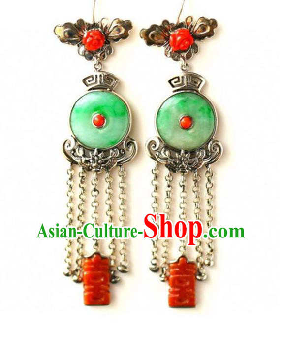 Handmade China Wedding Eardrop Accessories Traditional Jade Jewelry National Cheongsam Silver Tassel Earrings