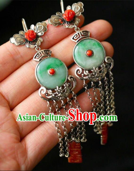 Handmade China Wedding Eardrop Accessories Traditional Jade Jewelry National Cheongsam Silver Tassel Earrings