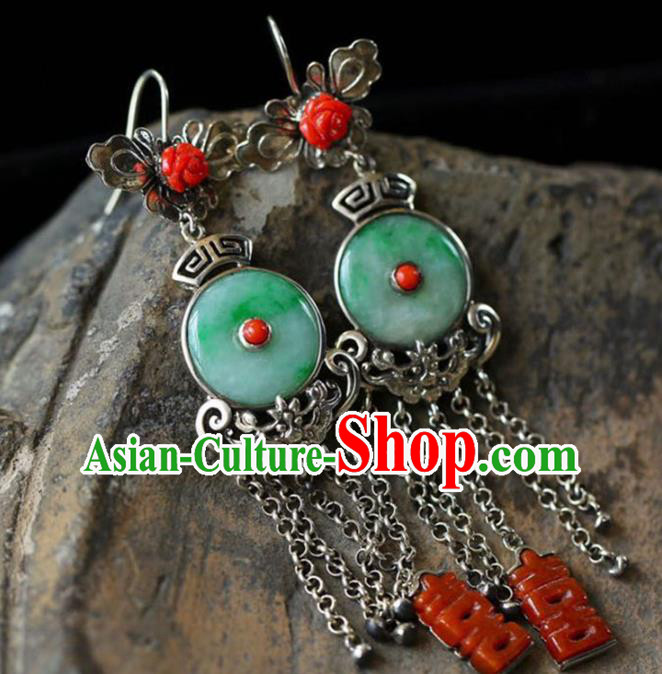 Handmade China Wedding Eardrop Accessories Traditional Jade Jewelry National Cheongsam Silver Tassel Earrings