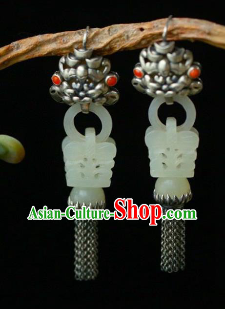 Handmade China Traditional Jade Jewelry Eardrop Accessories National Cheongsam Silver Tassel Earrings